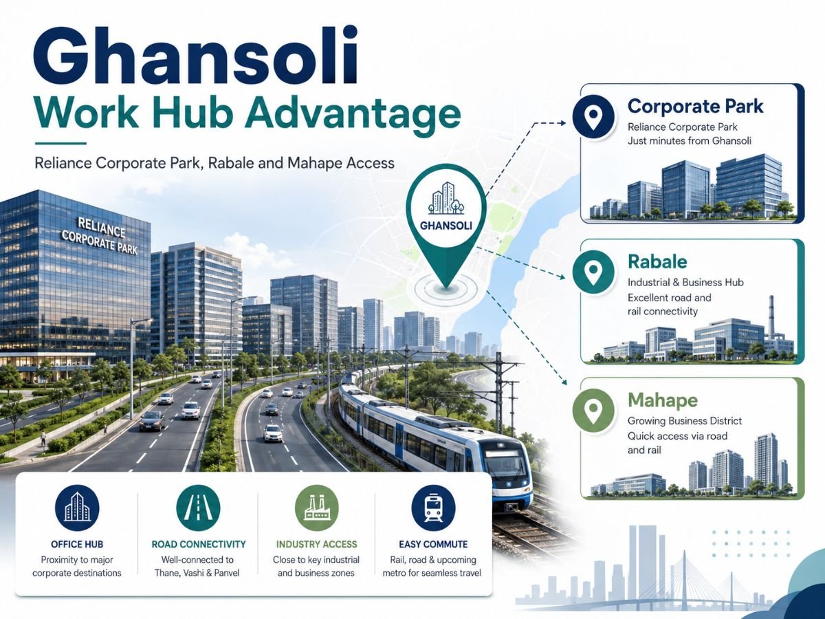 Ghansoli Work Hub Advantage_ Reliance Corporate Park, Rabale and Mahape Access is visible in this image