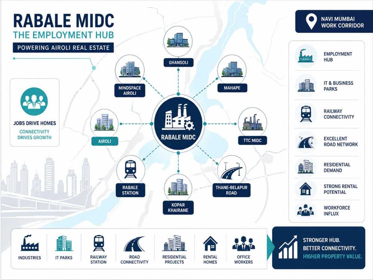 Rabale MIDC and Airoli Property Demand Map is visible in this image.