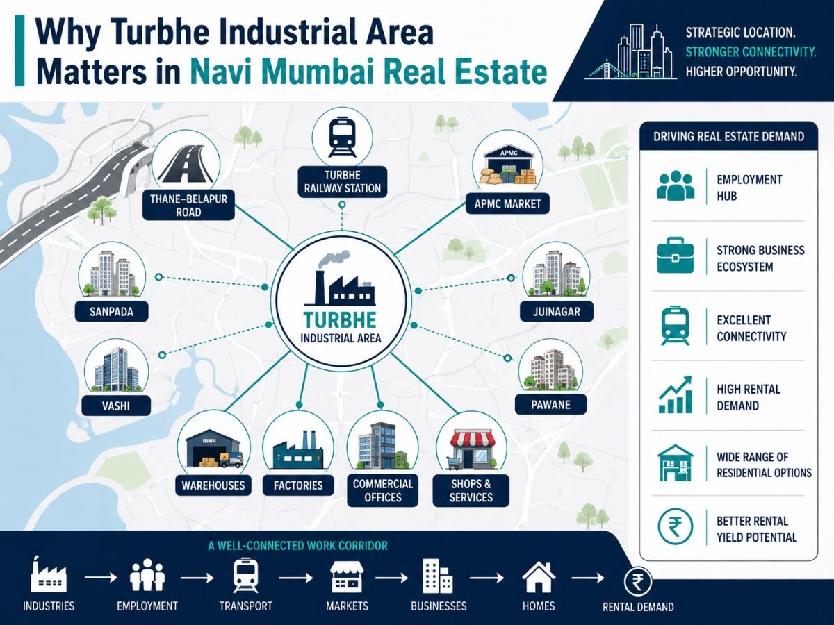 Why Turbhe Industrial Area Matters in Navi Mumbai Real Estate is visible in this image.